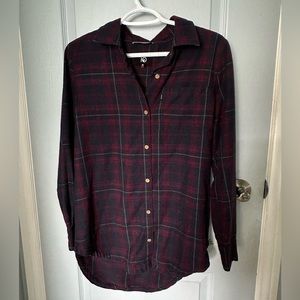 Navy and purple button down plaid shirt, size medium